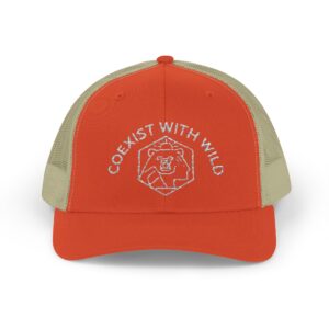 Coexist With Wild lion emblem Trucker Cap | Orange front, mesh back