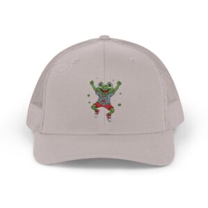 Jumping Cartoon Frog Snapback Trucker Cap | Tiny Embroidered Frog Design