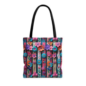 Colorful 3D Flower Stripe Tote | Floral Pattern, Bright Boho Print