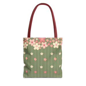 Pink Floral Pattern Tote Bag | Green Background Flower Design