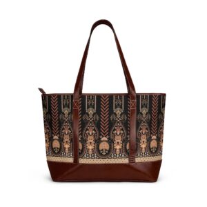Art Deco Pattern Handbag | Vintage Geometric Tote, Brown Leather Trim