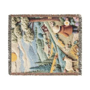 Countryside Cottage Tapestry Blanket | Woven Fringe Throw, Scenic Farm Landscape