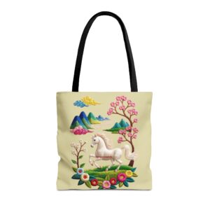 White Unicorn Floral Scene Tote Bag | Pastel Mountains, Cherry Blossom Design