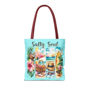 Salty Soul beach scene Tote Bag | surfboard picnic ocean vibes