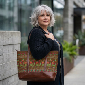 Folk Floral Pattern Handbag | Brown Tote with Tulip Motif