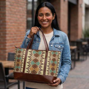 Southwestern Diamond Pattern Handbag | Boho Aztec Tote with Leather Trim