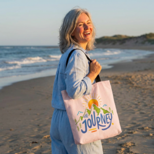 The Journey mountain sunrise tote bag | adventure hiking illustration