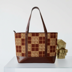 Brown Patchwork Leopard Tote Handbag | Leather Trim, Checker Animal Print