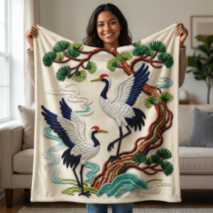 Tan Sherpa Blanket with Embroidered Cranes & Pine Tree — Cozy Throw for Living Room, Bedroom, Gift( 60" x 80")