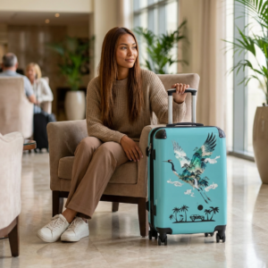 Tropical Crane Illustration Suitcase | Beach Palm Tree Travel Luggage