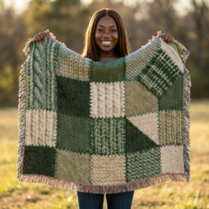 Green Patchwork Knit Pattern Woven Blanket | Cozy Cabin Throw