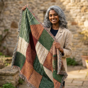 Patchwork Geometric Woven Blanket | Rustic Plaid Throw, Earth Tones