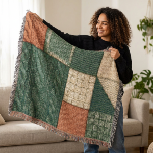 Patchwork Knit Pattern Woven Blanket | Rustic Cabin Throw, Cozy Home Decor