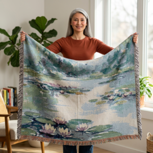 Waterlilies tapestry Woven Blanket | Impressionist lake scene, pastel blue green