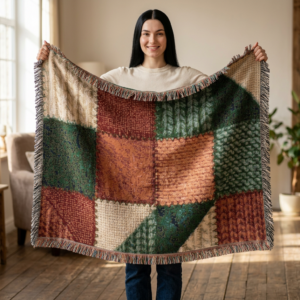 Patchwork Geometric Woven Blanket | Rustic Plaid Throw, Earth Tones