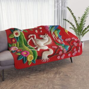 White Horse Embroidered Folk Art Tan Sherpa Blanket | Floral Mountain Scene