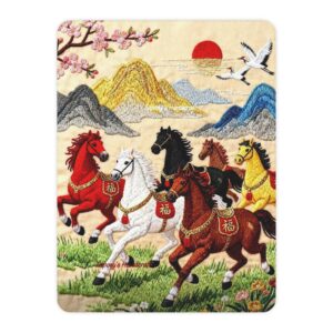 Galloping Horses Artwork Tan Sherpa Blanket | Feng Shui Eight Horses Throw