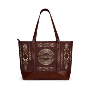 Vintage Monogram Leather Tote Handbag | Personalized Name Accent, Ornate Gold Scrollwork