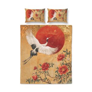 Red Sun Crane Floral Quilt Cover Set