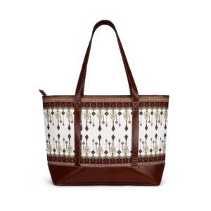 Bohemian Key Motif Handbag | Patterned Tote with Brown Trim