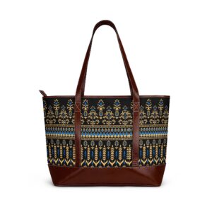 Ornate Boho Geometric Pattern Handbag | Tribal Aztec Tote, Brown Leather Trim