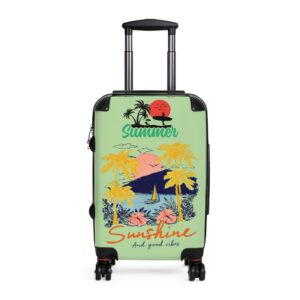 Summer Sunshine beach scene Suitcase | tropical palm trees, sailboat, retro sunset
