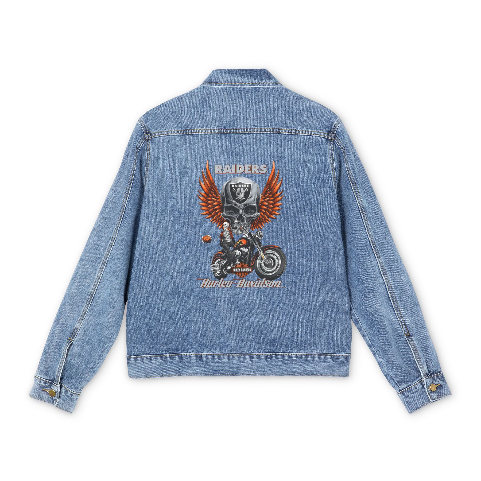 Raiders Skull with Wings motorcycle graphic Denim Jacket | Harley Davidson style - Görsel 2