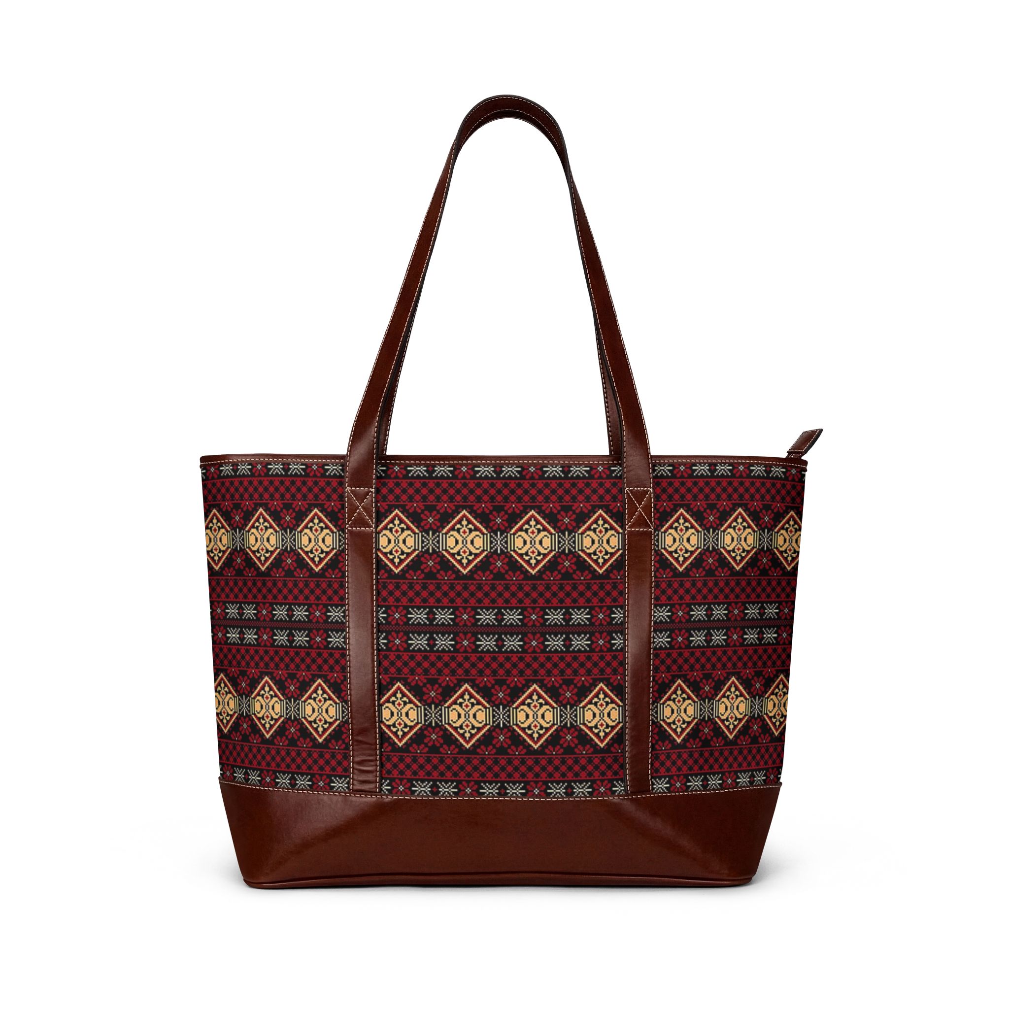 Rustic Geometric Pattern Handbag | Burgundy Aztec Tote - Görsel 2