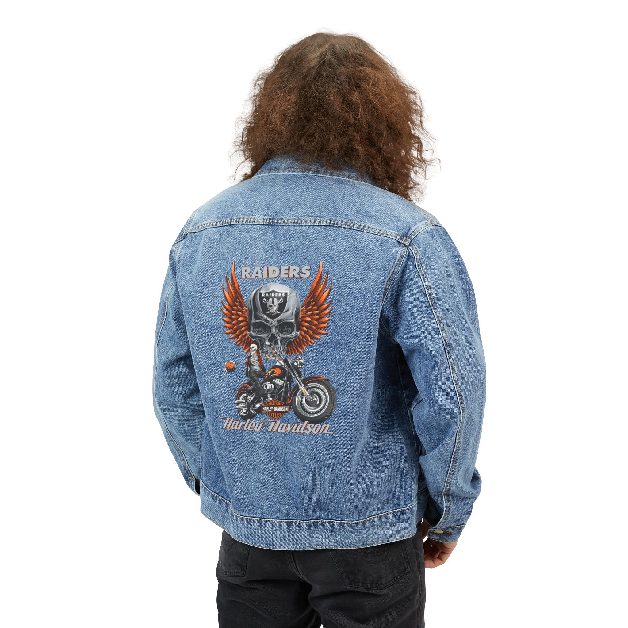 Raiders Skull with Wings motorcycle graphic Denim Jacket | Harley Davidson style - Görsel 4