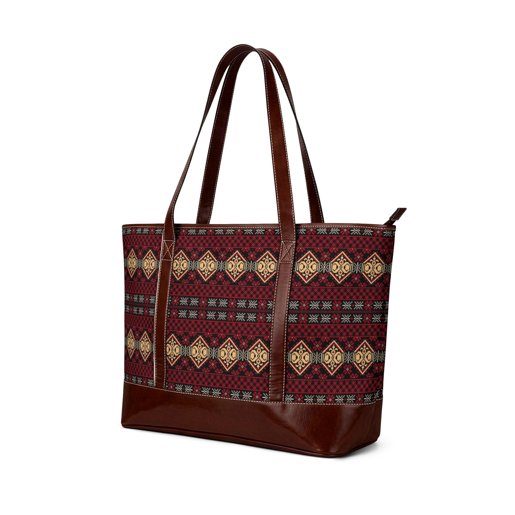 Rustic Geometric Pattern Handbag | Burgundy Aztec Tote - Görsel 4