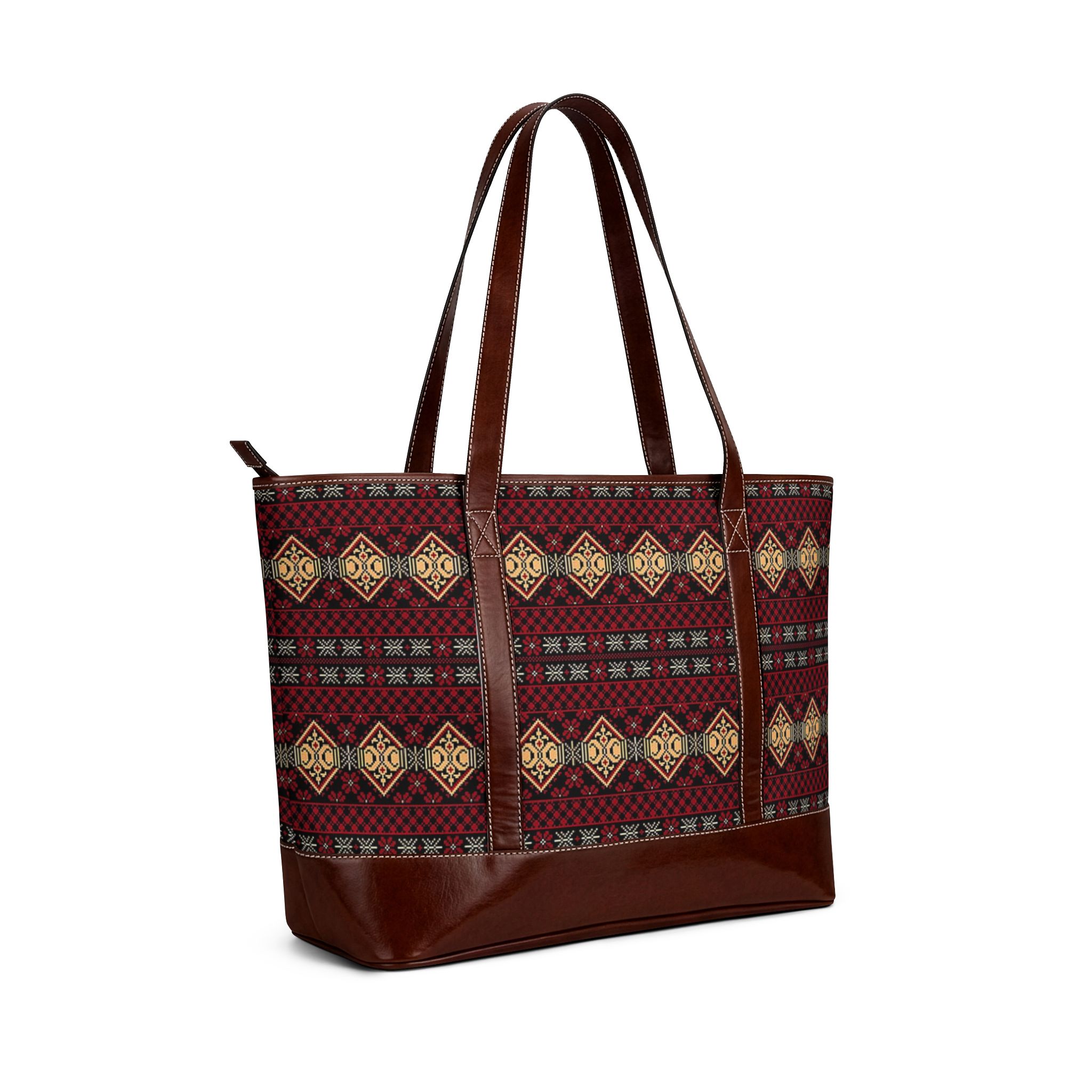 Rustic Geometric Pattern Handbag | Burgundy Aztec Tote - Görsel 3