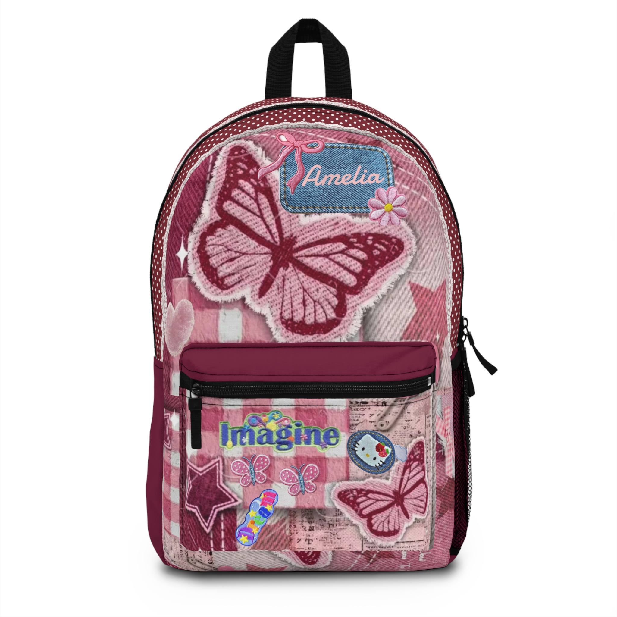 Pink Butterfly Patchwork Backpack | Imagine Name Amelia Kids School Bag - Görsel 4
