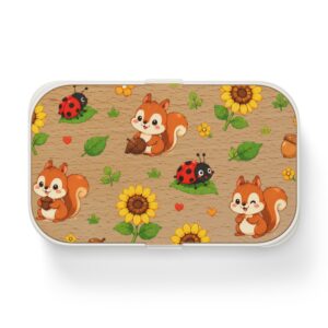 Cute Squirrel and Sunflower Bento Lunch Box | Ladybug Woodland Pattern