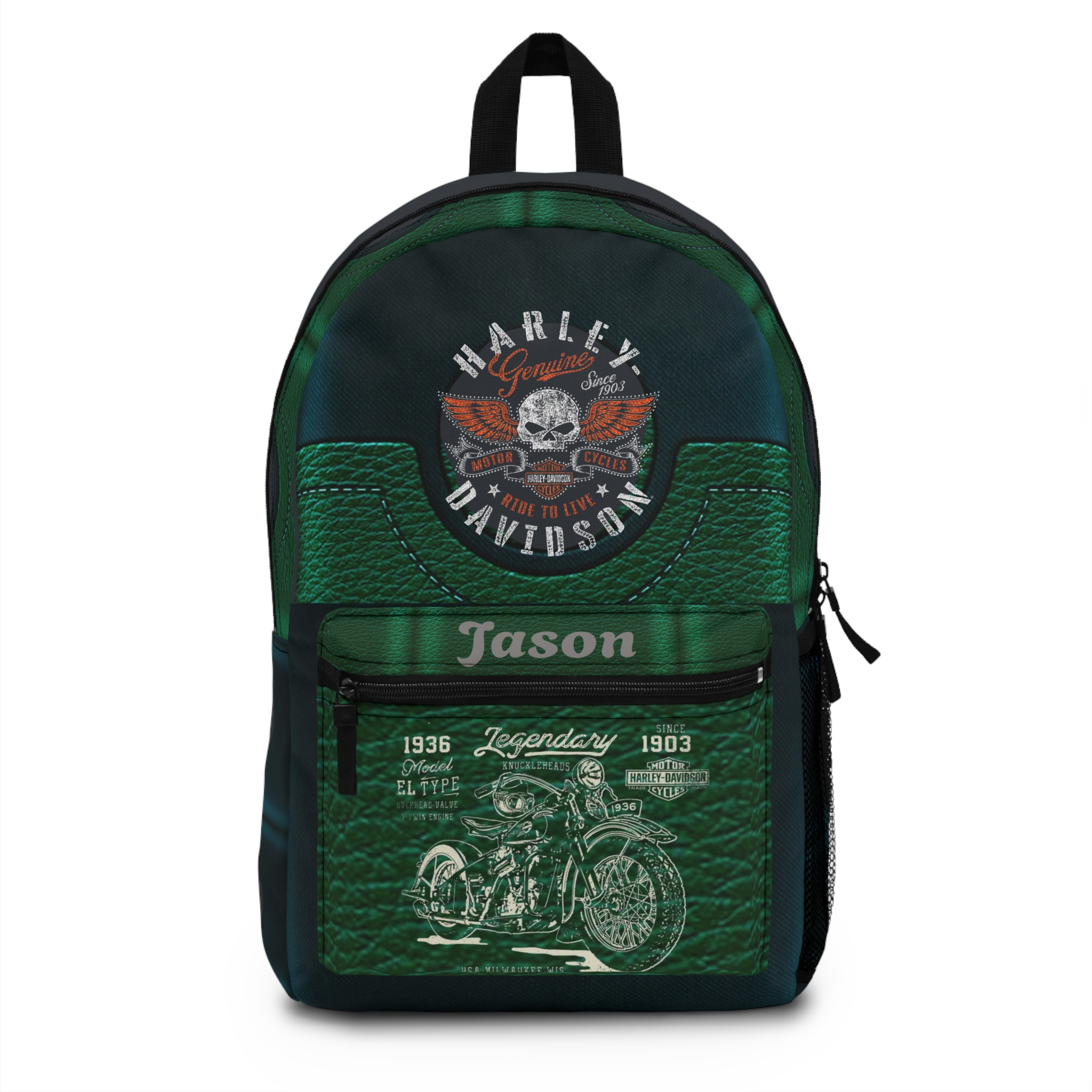 Harley-Davidson Vintage Motorcycle Backpack — Personalized Green Biker Pack