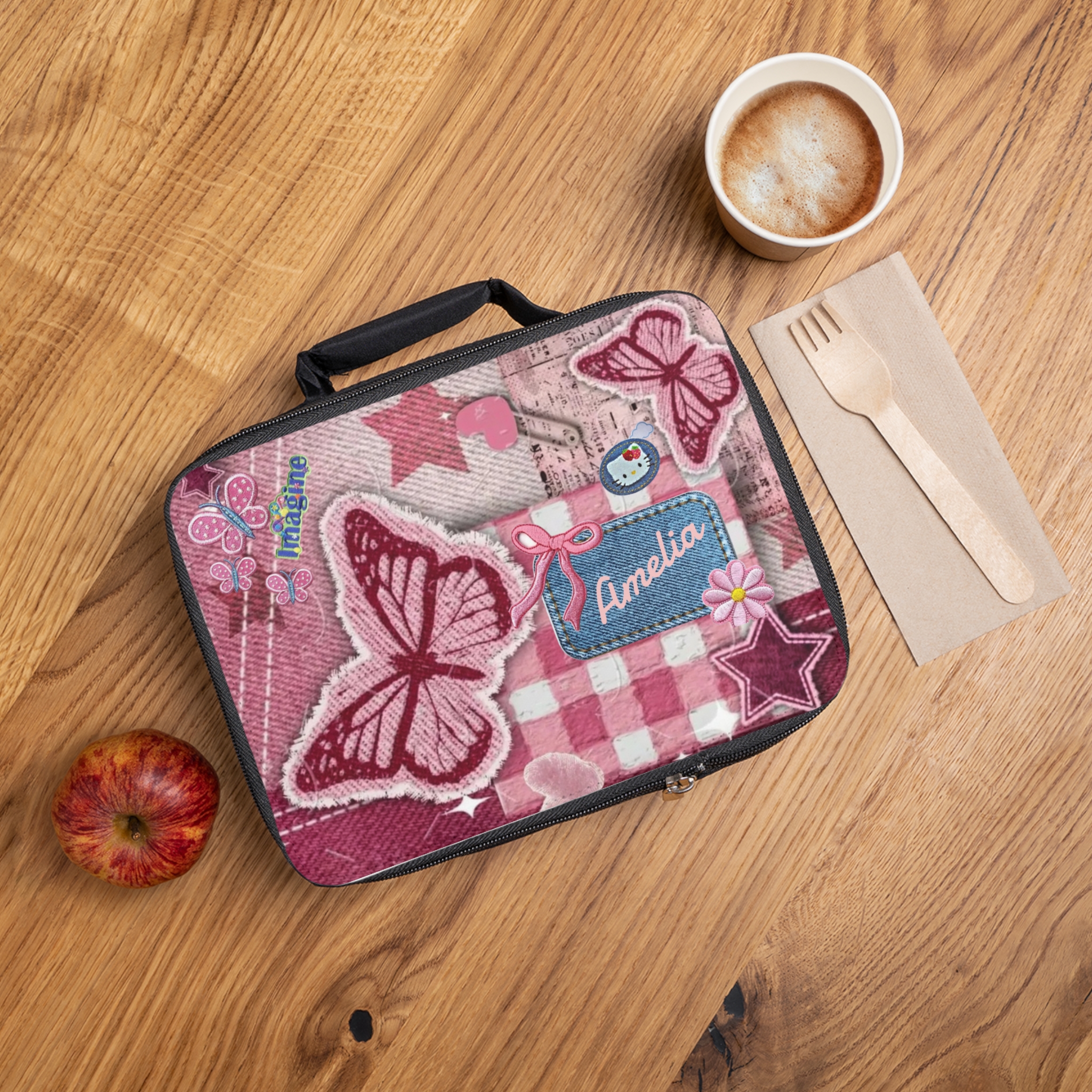 Pink Butterfly Patchwork Lunch Bag | Personalized Amelia Name Tag - Görsel 2