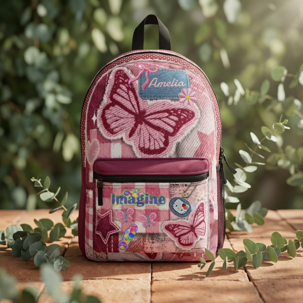 Pink Butterfly Patchwork Backpack | Imagine Name Amelia Kids School Bag - Görsel 3