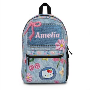 Back To School Hello Kitty Denim Patch Backpack | Personalized Name Kids School Bag
