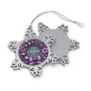 Merry Christmas Purple Wreath Pewter Snowflake Ornament | Holiday Tree Decoration