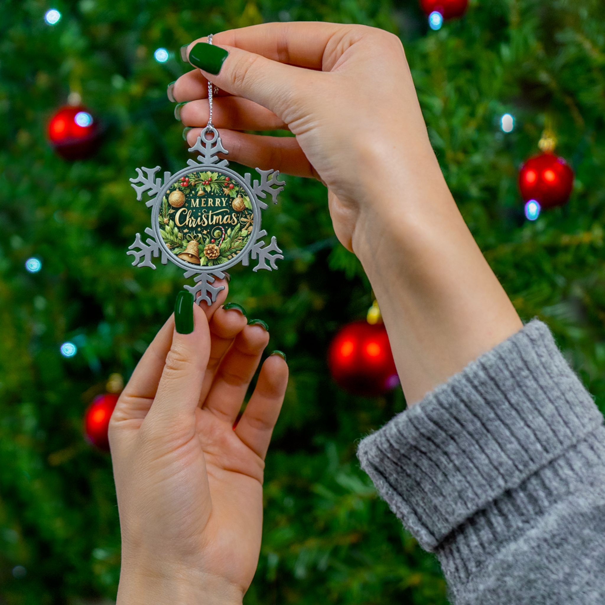 Merry Christmas Pine Wreath Snowflake Ornament | Pewter Holiday Decoration - Görsel 5