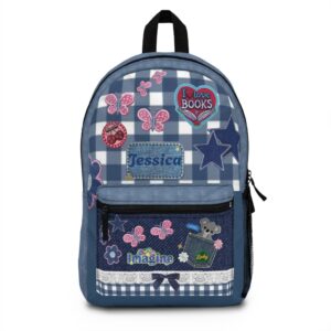 Personalized Denim Patchbook Backpack | Kids Name School Bag, 'I Love Books' Plaque