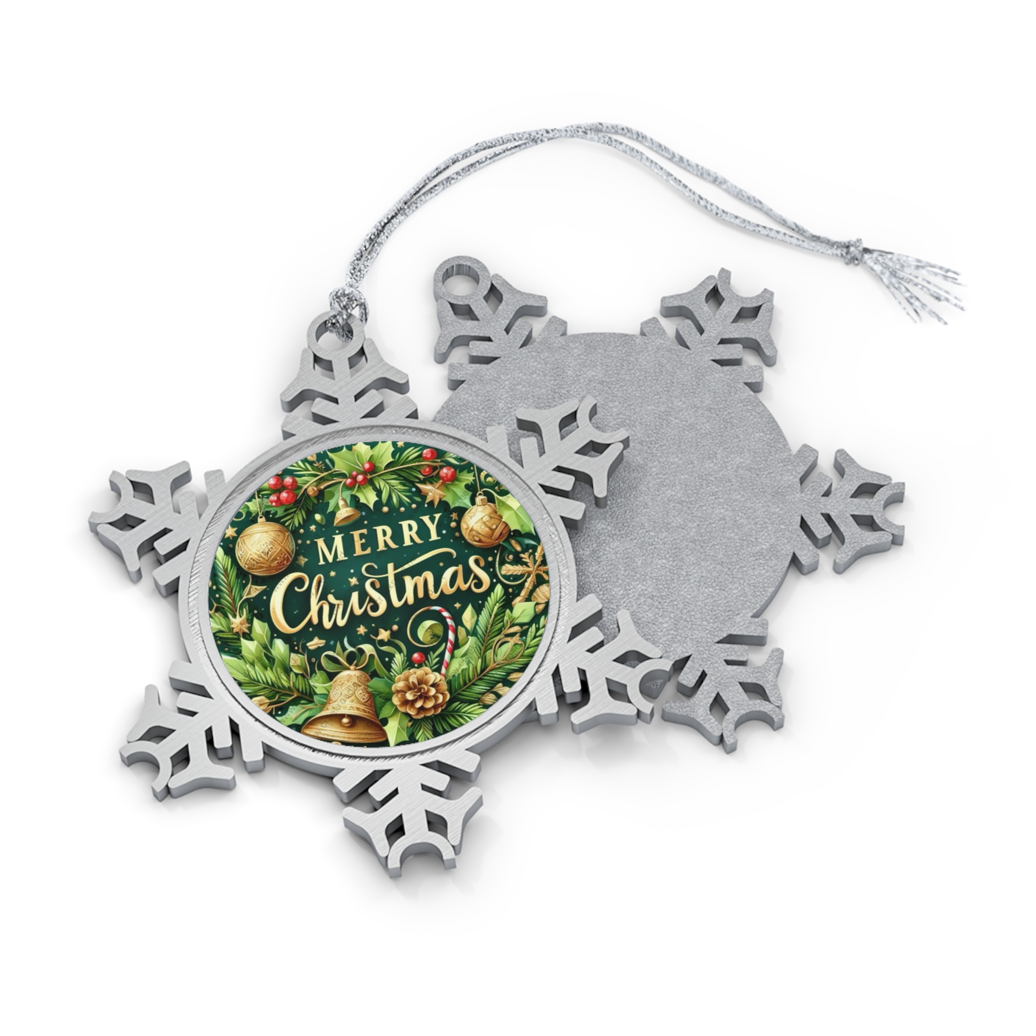 Merry Christmas Pine Wreath Snowflake Ornament | Pewter Holiday Decoration - Görsel 3