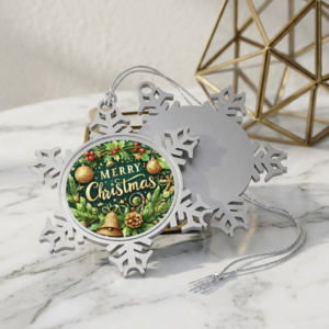 Merry Christmas Pine Wreath Snowflake Ornament | Pewter Holiday Decoration