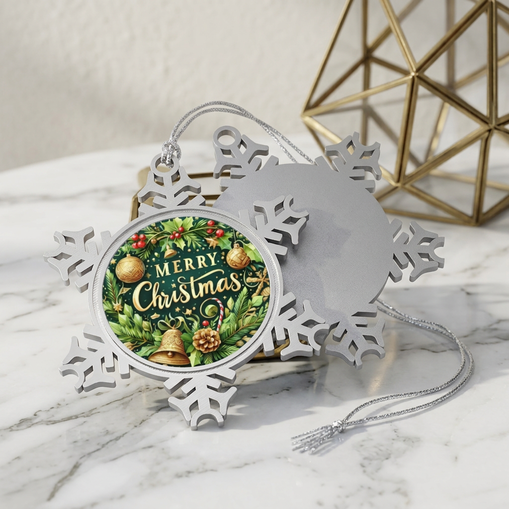 Merry Christmas Pine Wreath Snowflake Ornament | Pewter Holiday Decoration