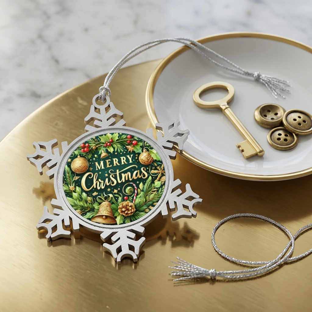 Merry Christmas Pine Wreath Snowflake Ornament | Pewter Holiday Decoration - Görsel 2
