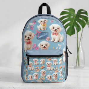 Cute White Puppy Pattern Backpack | Personalized Name Tag, Blue Puppy Print