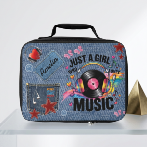 Retro Vinyl Headphones Lunch Bag | Denim Print Insulated Lunchbag