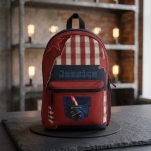 Denim Pocket Lipstick Personalized Backpack | Red Plaid Stars