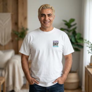 Happily Retired graphic T-shirt | Seven Day Weekend pocket design