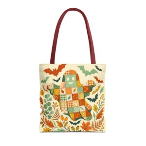 Patchwork Ghost Tote Bag | Halloween Bat & Fall Leaves Canvas Tote