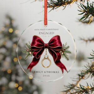Engaged Christmas Bow Ornament Crystal Glass Ornament | Personalized Names & Year